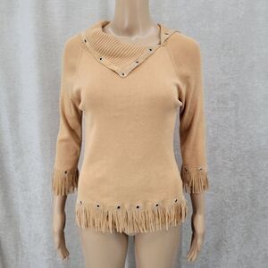 JOSEPH A. Women's Y2K Tan Silk Blend Fringe Sweater Western Boho